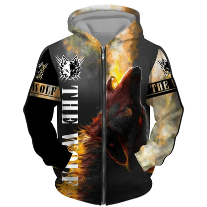 3D Wolf Print Men's Zipper Hoodies Fashion Animal Pattern Top Coat Street Punk Style Oversized Sweatshirts Outdoor Leisure Jackets