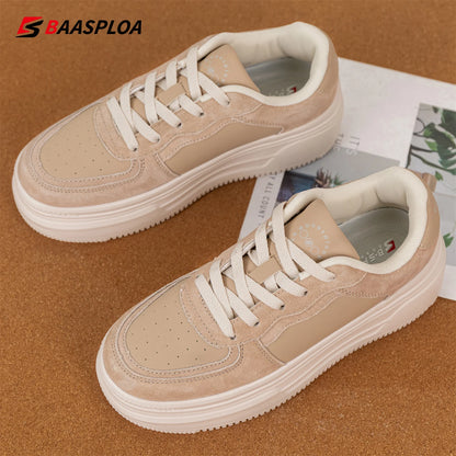 Baasploa Women’s Platform Sneakers Fashion Leather Casual Thick-Soled Shoes for Women Comfort White Skateboarding Shoes Non-Slip