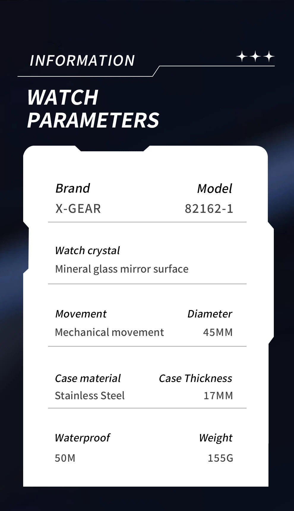 X-GEAR Men's Watch Automatic Mechanical with Diamond Dial Luminous Moon Phase Water-Resistant