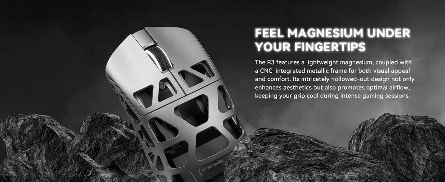 ATTACK SHARK R3 8KHz Magnesium Alloy Mouse, PixArt PAW3395 Sensor, up to 26000 DPI, 2.4G/BT/Wired, 46g superlight, for PC/Mac