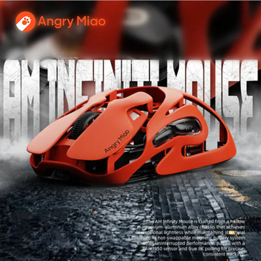 Angry Miao Infinity Mouse Wireless da Gaming Hot-Swappable in Metallo Ultralight Hollow PAW3950 Dual 8K Cablato Tri-Mode Arancione