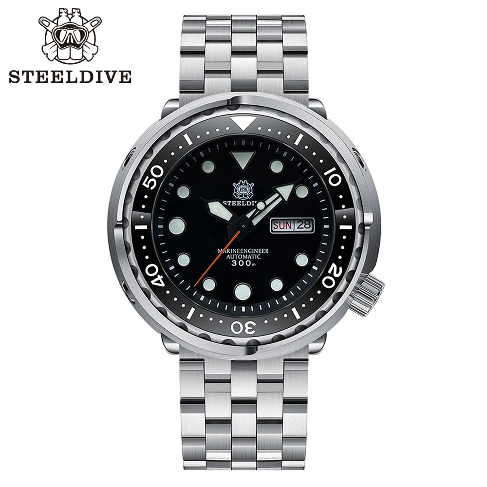 STEELDIVE SD1975W Black Dial Day and Date Function NH36 Automatic Movement 47.5mm Super Luminous 300M Waterproof Tuna Can Watch