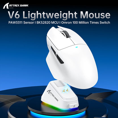 ATTACK SHARK V6 Wireless Gaming Superlight Mouse with RGB Magnetic Charging Dock, PAW3311 Sensor, Macro Gaming Mouse