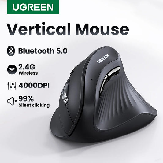 UGREEN Vertical Wireless Ergonomic Mouse Bluetooth 5.0 & 2.4G, 4000 DPI Silent Ergonomic Mouse for Windows, MacBook, Laptop & PC