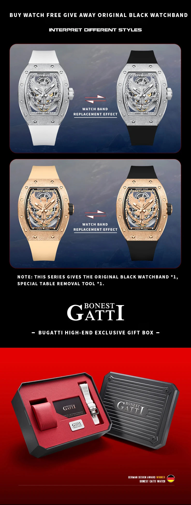 BONEST GATTI Luxury Men's Hollow Automatic Mechanical Watches Tonneau Sapphire Crystal Luminous Hollow Eagle Dial Rubber Straps