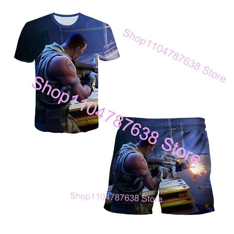 2-teiliges Set F-Fortnited Victory 3D-T-Shirt und Shorts für Kinder, Oberteile für Mädchen und Jungen, Battle-Royale-Kleidung, Harajuku-Tees, Hero-Kinder-T-Shirt
