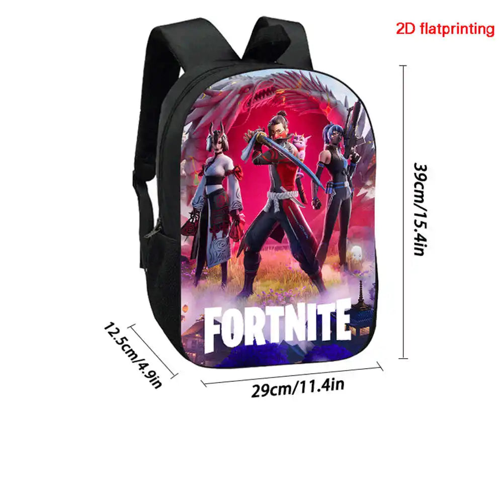 Fortnite Cartoon 3-teiliges Set, großes Fassungsvermögen, geeignet für Jungen und Mädchen von 5-8 Jahren, inklusive Rucksack, Lunchbag und Federmäppchen