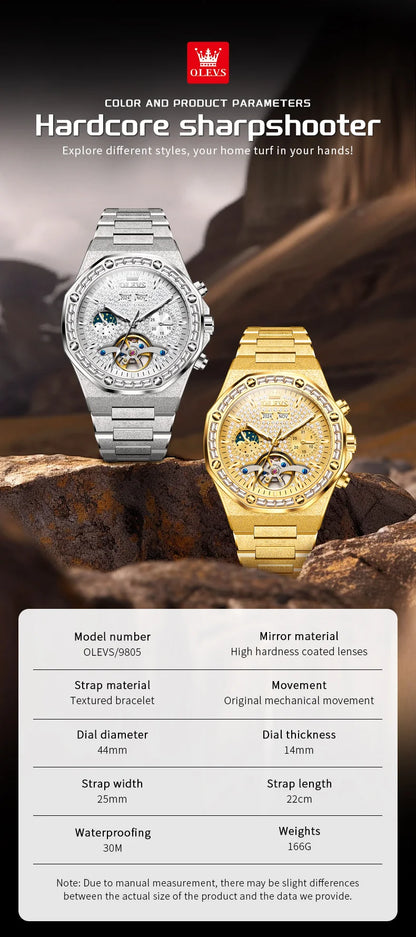 OLEVS Gold Steel Mens Watches Top Brand Automatic Mechanical Luxury Watch Sport Waterproof Tourbillon Wrist Watch Reloj Hombre