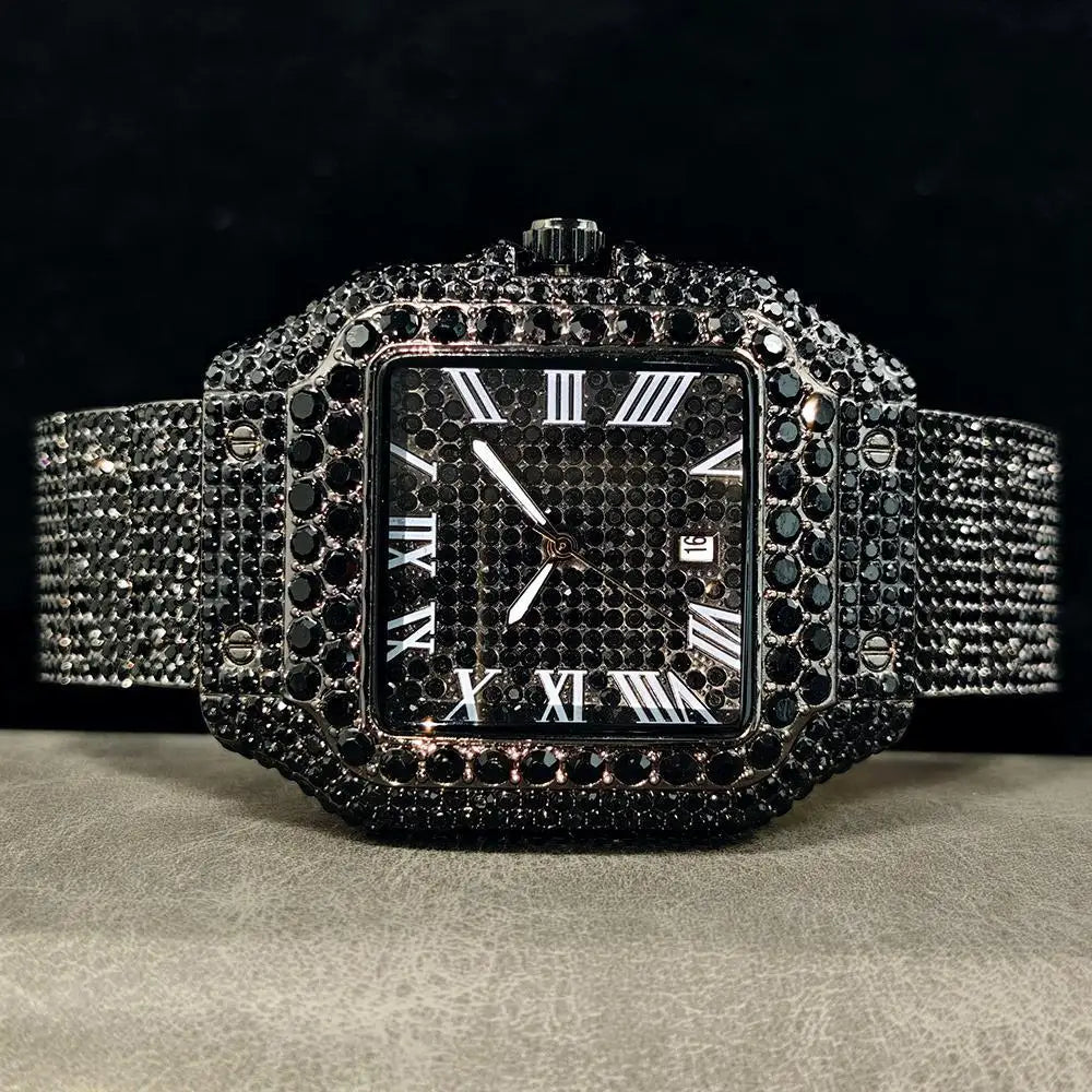 Green Diamond Watch For Men Brand UNIGUET Fashion Roman Literal Quartz Clock Man Hip Hop Iced Jewelry Square Wristwatch 2025 New