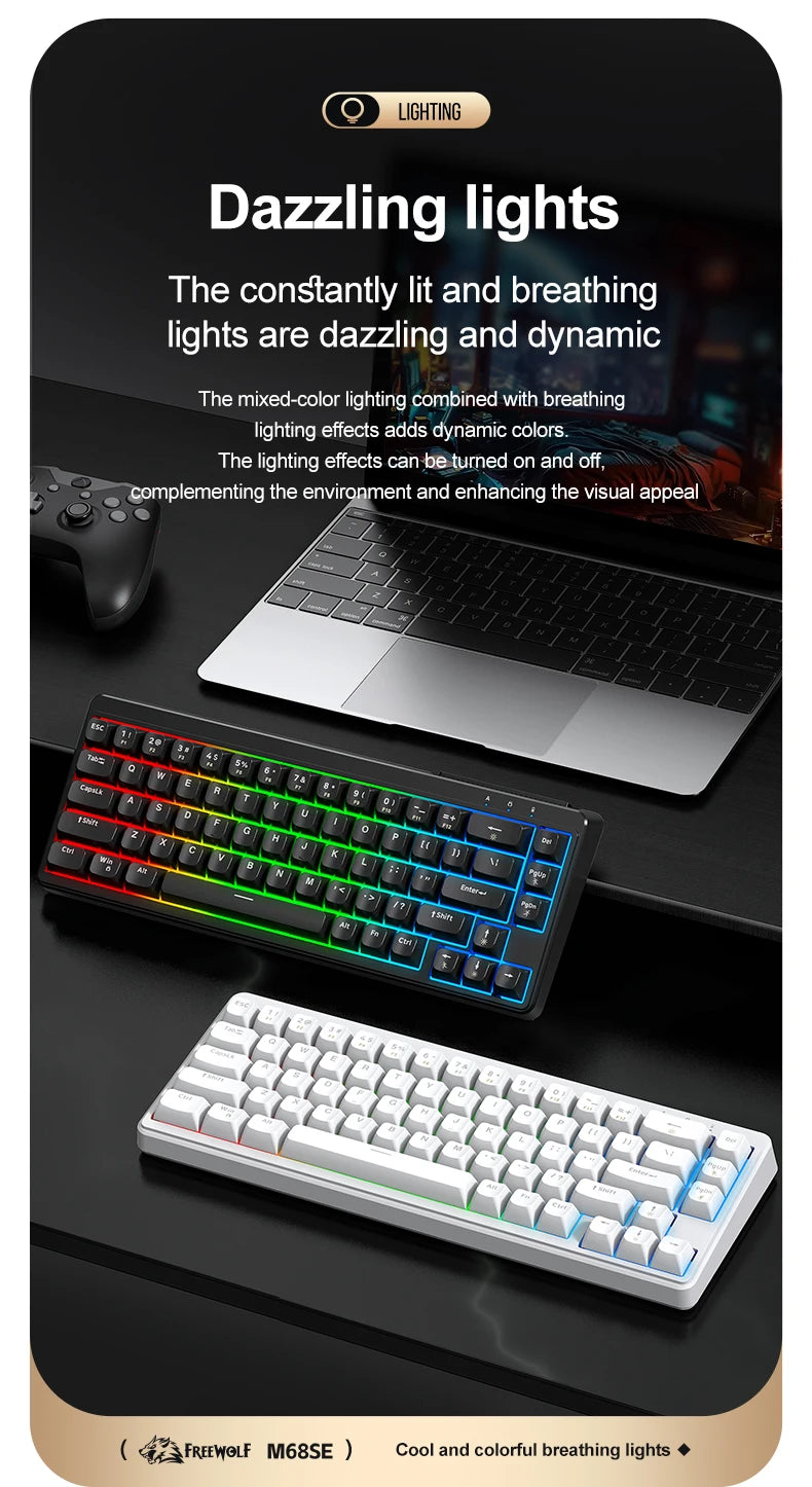FREEWOLF M68SE Mechanical Feel Keyboard 68 Keys Mini Wired Compact Keyboard Silent for Laptops, Gaming and Office Use