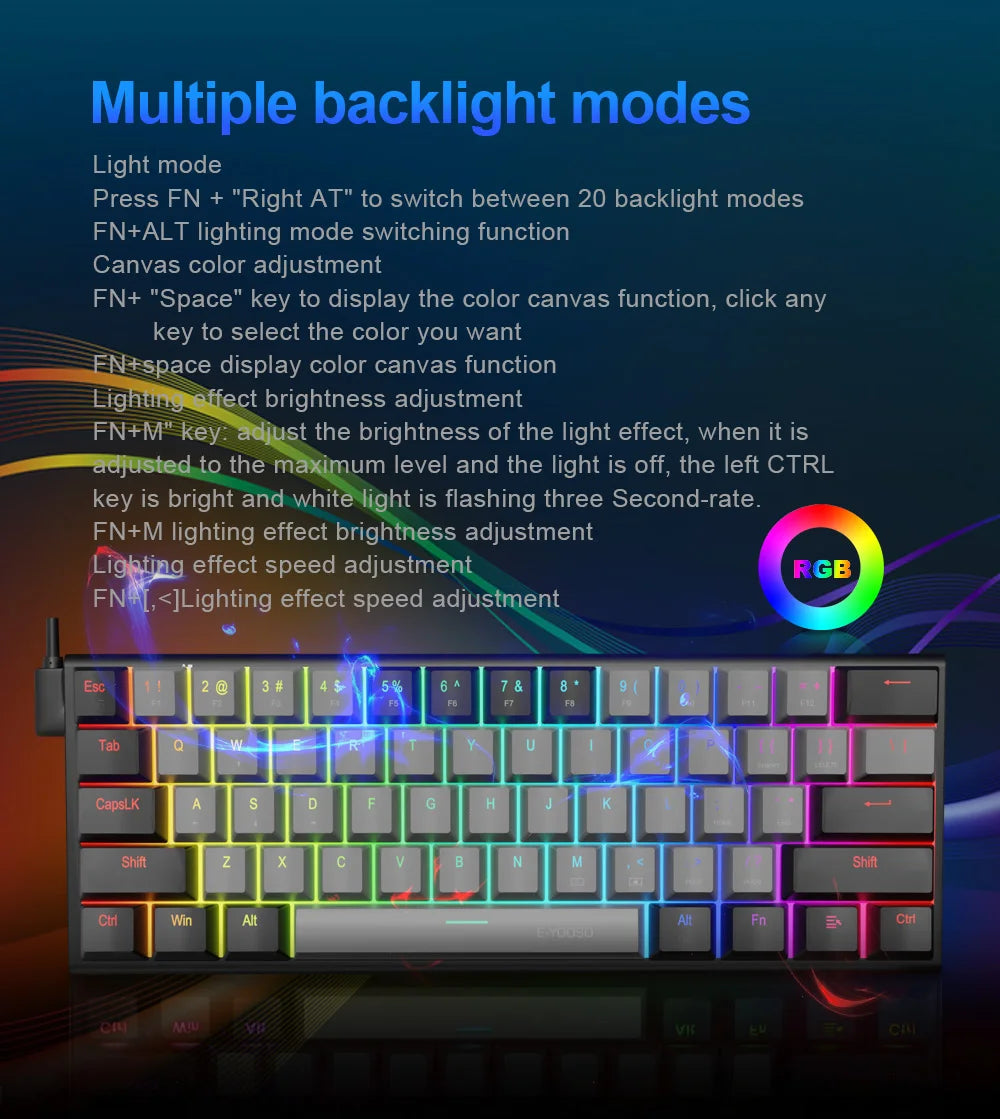 E-YOOSO Z11 RGB USB 60% Mini Mechanical Gaming Keyboard Blue Red Switch 61 Keys Wired Detachable Cable, Portable for Travel PC