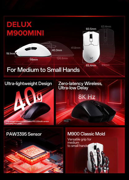Delux M900mini PRO Wireless Gaming Mouse Ergonomic Ultra-Lightweight 40g PAW3395 8K Hz for Medium to Small Hands PC Laptop Gamer