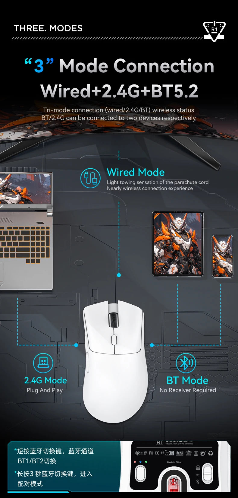 Attack Shark R1 belaidė Bluetooth žaidimų pelė, influencerių įvertinta populiari pelė, PAW3311 jutiklis, 1000Hz atsako dažnis