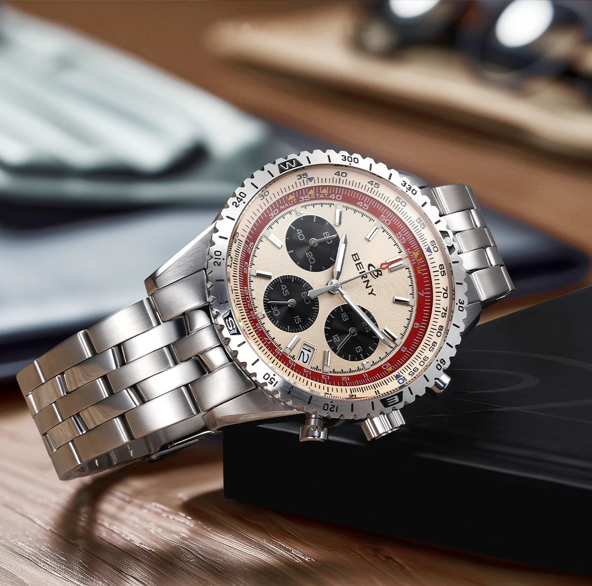 BERNY Aviation Men's Watches Quartz Chronograph Watch Date Sapphire Super Luminous Luxury Brand Dress Man Wristwatch