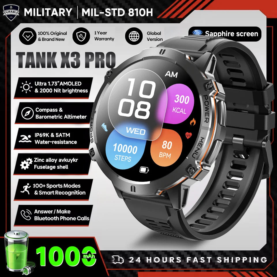 2026 New Military TANK X3 Smartwatch für Herren, 1000mAh Akku, 10ATM wasserdicht zum Schwimmen, GPS-Route, 1.75" AMOLED HD, Anrufe, Sport-Smartwatch