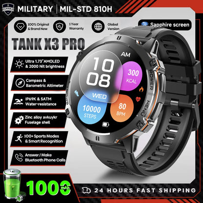 2026 New Military TANK X3 Smartwatch für Herren, 1000mAh Akku, 10ATM wasserdicht zum Schwimmen, GPS-Route, 1.75" AMOLED HD, Anrufe, Sport-Smartwatch
