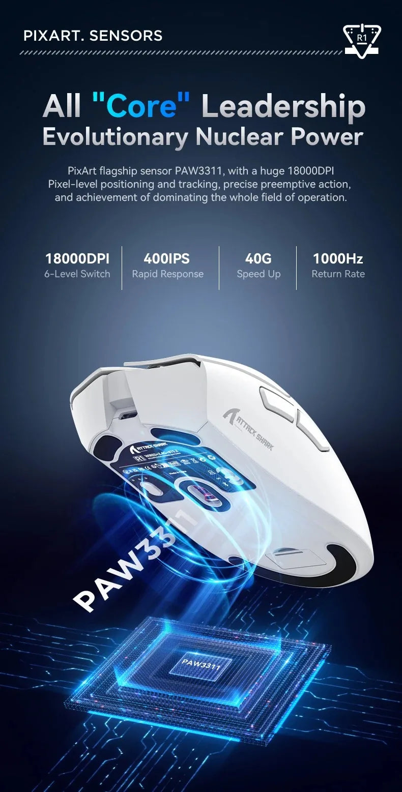 Attack Shark R1 Wireless Mouse for Gaming 1000 Hz PAW3311 Sensor,Rechargeable,Bluetooth Tri-mode,Ergonomic
