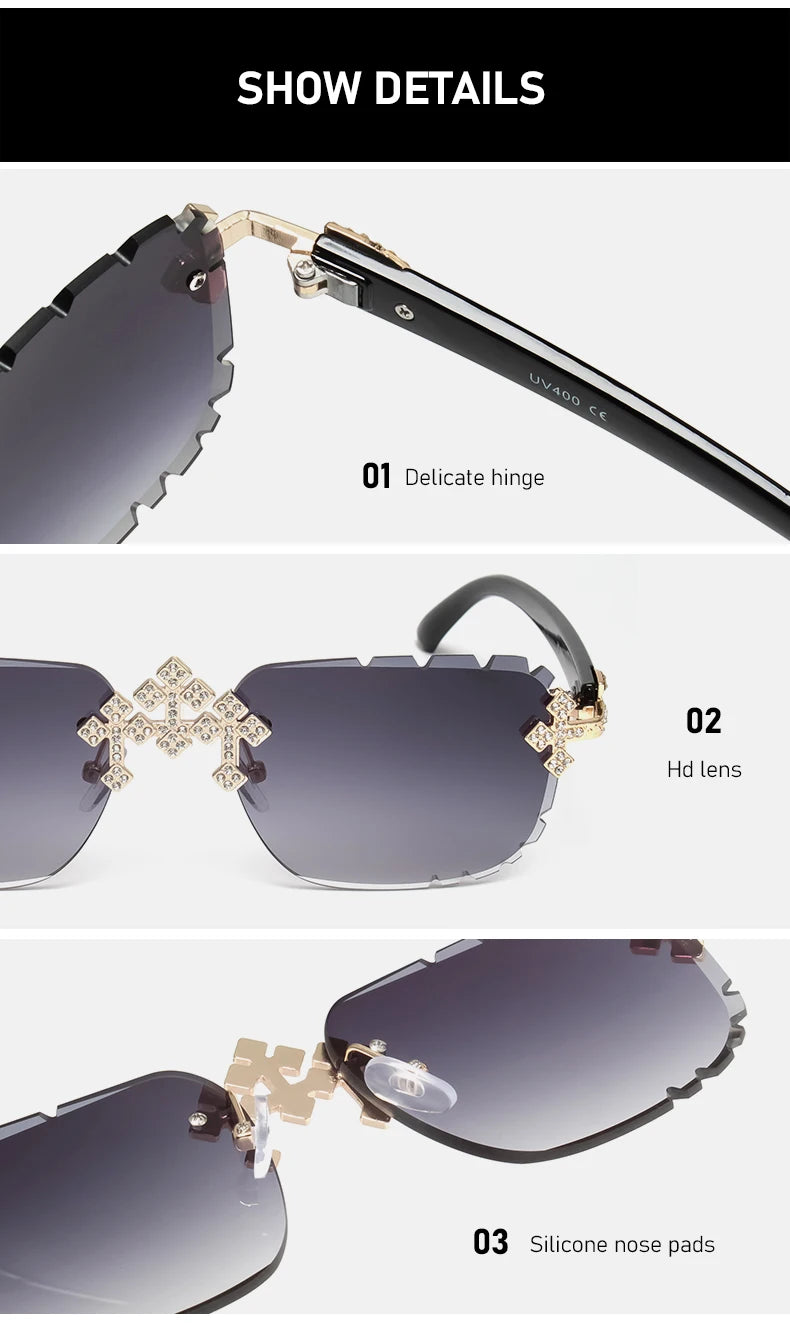 2025 Fashion Square Rimless Sunglasses For Women Cross Diamond Metal Frame Luxury Eyewear Cut Lens UV400 Shades Sun Glasses