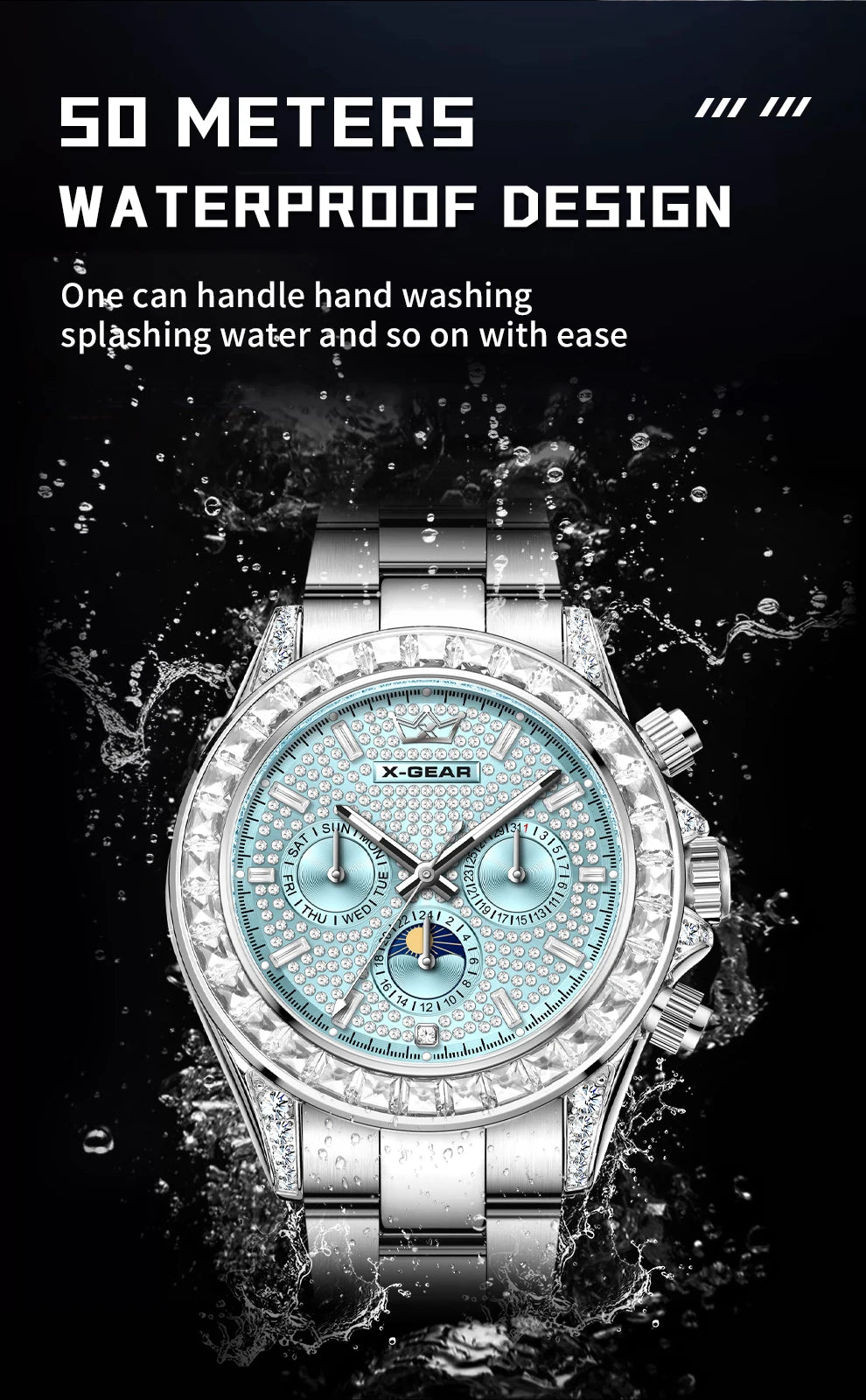 X-GEAR Men's Watch Automatic Mechanical with Diamond Dial Luminous Moon Phase Water-Resistant