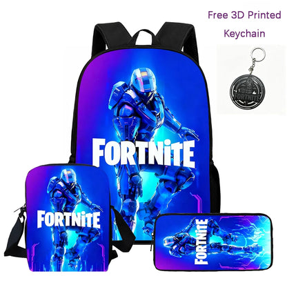 3-teiliges Kinder-Rucksack-Set, Umhängetasche & Federmäppchen, FORTNITE-Cartoon-Tasche, leicht, für Jungen und Mädchen von 6-10, kostenloser 3D-gedruckter Schlüsselanhänger