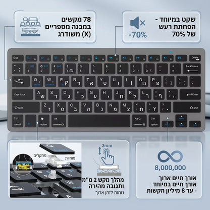 Teclado sem fios com disposição hebraica e inglesa, Bluetooth e 2.4G, modo duplo, fino, compacto e ergonómico, para Windows, iOS e Android