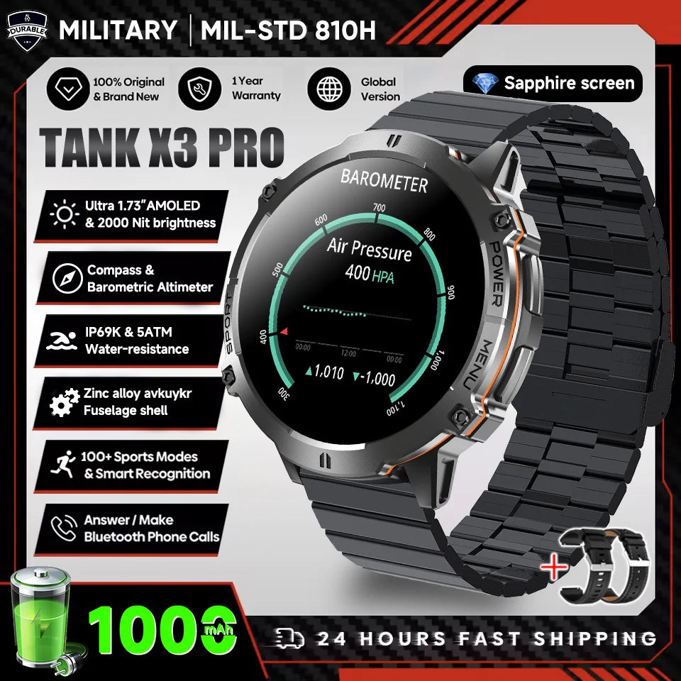 2026 New Military TANK X3 Smartwatch für Herren, 1000mAh Akku, 10ATM wasserdicht zum Schwimmen, GPS-Route, 1.75" AMOLED HD, Anrufe, Sport-Smartwatch