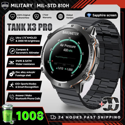 2026 New Military TANK X3 Smartwatch für Herren, 1000mAh Akku, 10ATM wasserdicht zum Schwimmen, GPS-Route, 1.75" AMOLED HD, Anrufe, Sport-Smartwatch