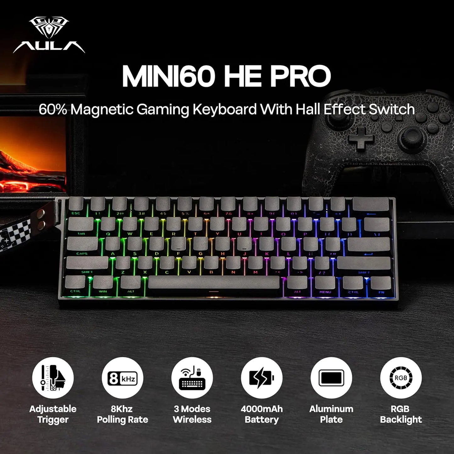 AULA Mini60 HE/Pro/Max Tastiera meccanica wireless 60% con switch magnetici RGB Tri Mode 8000Hz 0.01mmRT per PC, regali per gamer