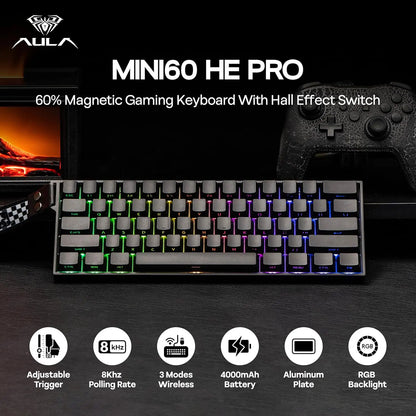 AULA Mini60 HE/Pro/Max Tastiera meccanica wireless 60% con switch magnetici RGB Tri Mode 8000Hz 0.01mmRT per PC, regali per gamer