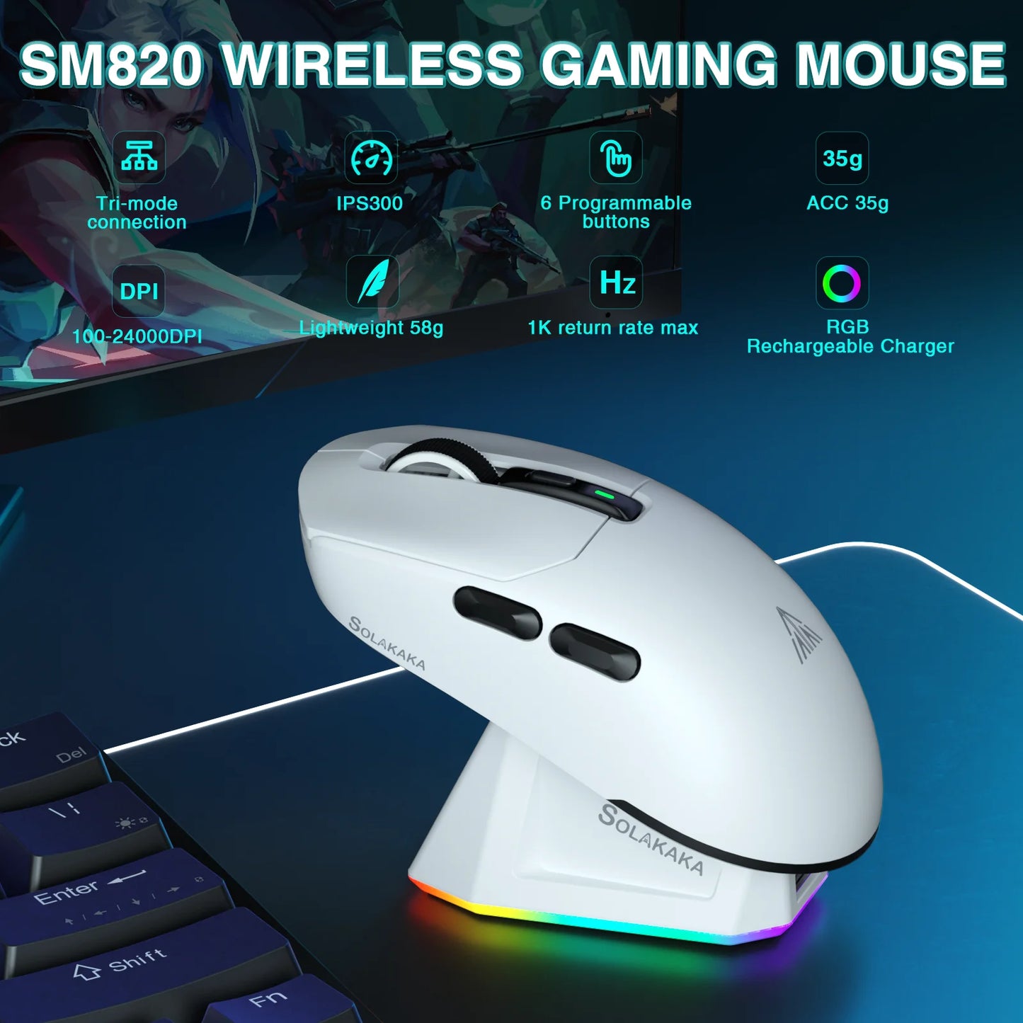 SOLAKAKA SM820 trijų režimų belaidė žaidimų pelė su magnetine įkrovimo stotele, RGB, PAW3311, 24000DPI, belaidė makrokomandų žaidimų pelė, itin lengva