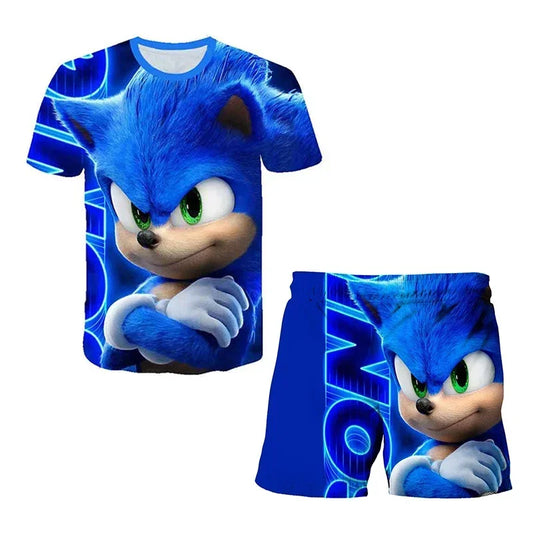 Sonic The Hedgehog Top Fashion 3D Anime Children's T-shirt Set Short Sleeve + Shorts Two-piece Set Girls Boys Cosplay Costume