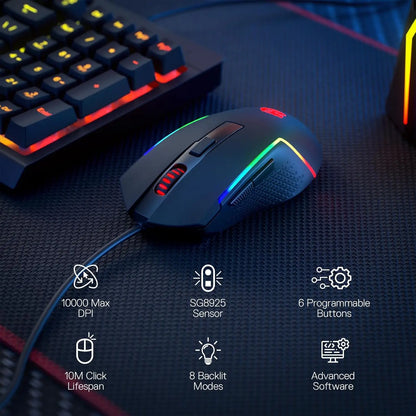 Mouse da gaming cablato Redragon M616 RGB, 10000 DPI, ottico, 6 pulsanti programmabili, 8 modalità retroilluminate, software con supporto per configurazioni personalizzate dei tasti