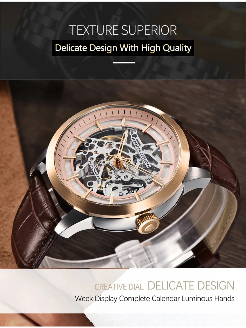 PAGANI DESIGN Business Man Watch Luxury Skeleton Hollow Leather Men's Wristwatch New Mechanical Male Clock