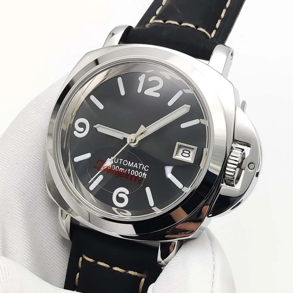 Parnsrpe Men's Automatic Mechanical NH35 Watch Polished Case Sapphire Glass Leather Strap 40mm Men's Watch