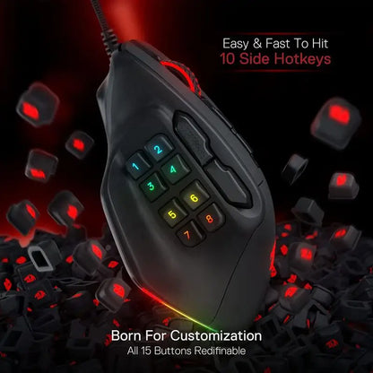 Redragon M811 Aatrox MMO Gaming Mouse, 15 Programmable Buttons Wired RGB Gamer Mouse with Ergonomic Natural Grip Build
