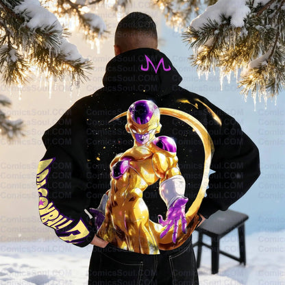 Dragon Ball Z Frieza Black Hoodie-Set Golden Form Rückenprint Purple Energy Effect Baumwoll-Sweatshirt mit M-Logo-Design