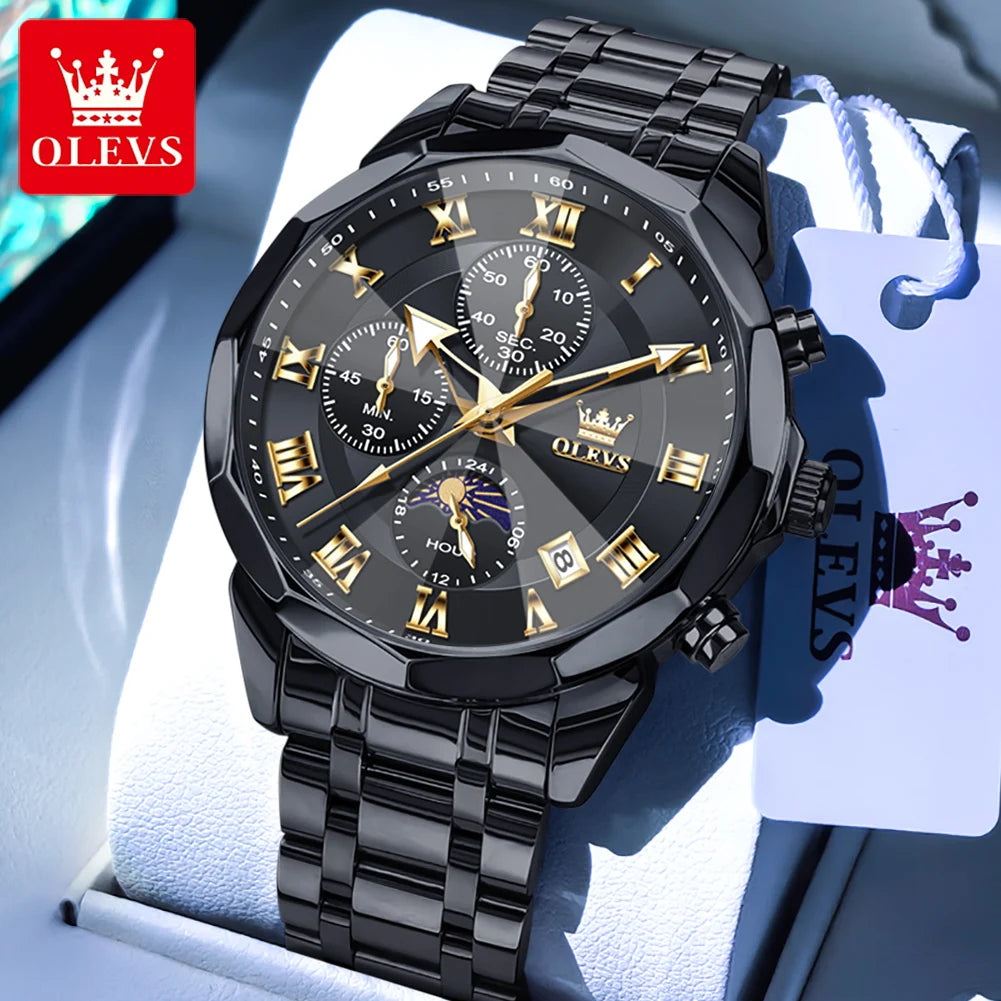OLEVS 3675 Mens Watch Original Multifunctional Chronograph Quartz Watch Moon Phase Watches For Men Waterproof Mens Gifts Reloj