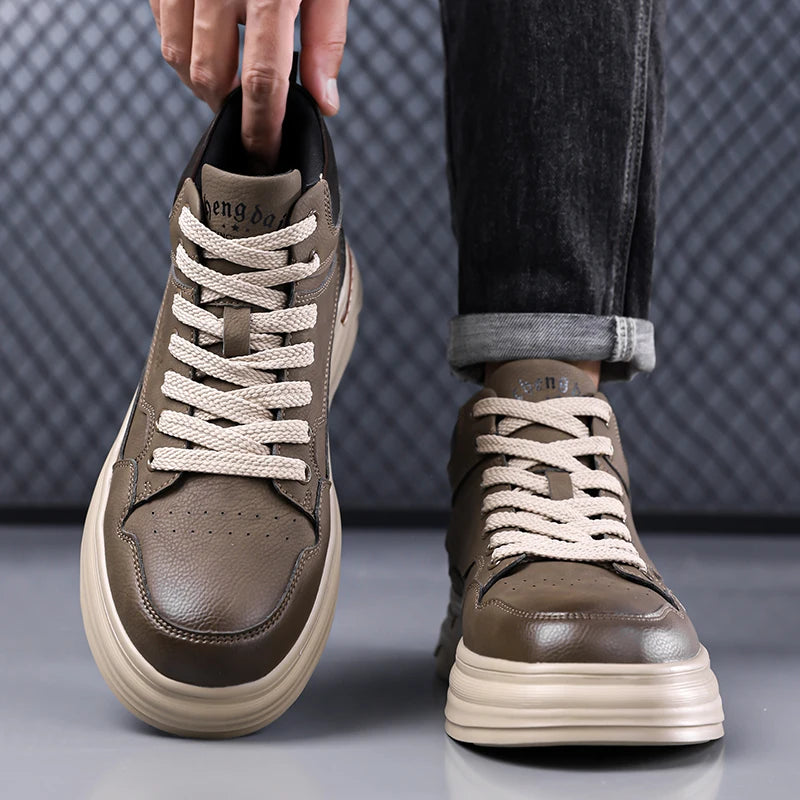 2026 New Mens Genuine Leather Walking Shoes Fashion Outdoor Thick Bottom Antiskid Vulcanized Shoes Comfy Casual Leather Flats