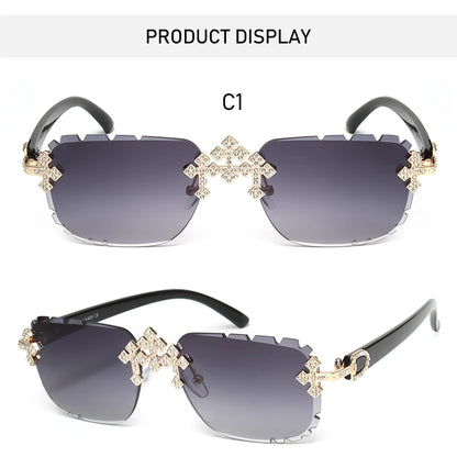 2025 Fashion Square Rimless Sunglasses For Women Cross Diamond Metal Frame Luxury Eyewear Cut Lens UV400 Shades Sun Glasses