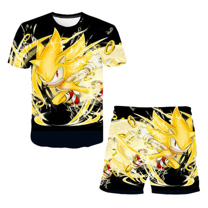 2026 Sonic The Hedgehog 3D T-shirt Set for Boys and Girls: Cute Summer Top + Shorts - Children's Short-Sleeve Birthday Gift