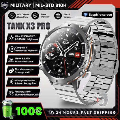2026 New Military TANK X3 Smartwatch für Herren, 1000mAh Akku, 10ATM wasserdicht zum Schwimmen, GPS-Route, 1.75" AMOLED HD, Anrufe, Sport-Smartwatch