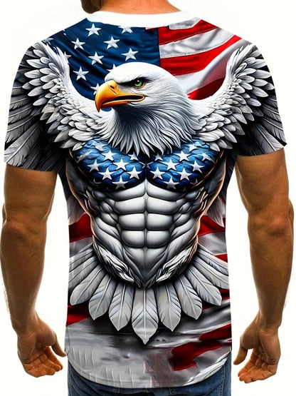Patriotisches Herren-T-Shirt mit 3D-Adlerprint, lässiger Rundhalsausschnitt, kurzärmeliger Pullover für Sommermode und Outdoor-Aktivitäten, Herrenbekleidung