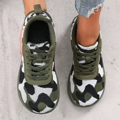 Camouflage-Damenschuhe mit breiter Zehenbox, atmungsaktivem Mesh und bequemer flacher Sohle – neue Barfußschuhe mit weicher Sohle, Damen-Sneaker