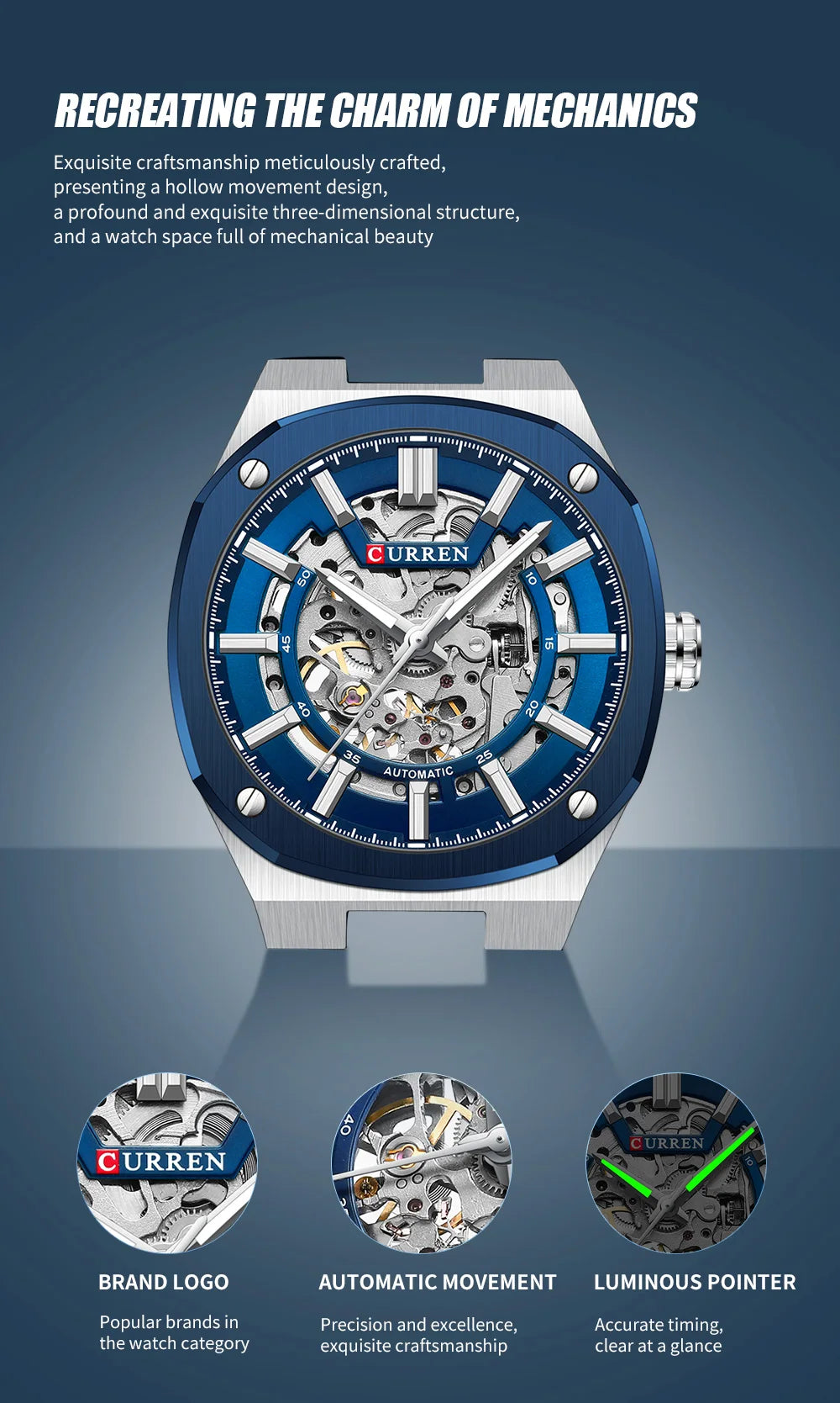 2025 CURREN New Men Mechanical Watch Luxury Sapphire Glass Automatic Watch 41MM Stainless Steel Watch for Men