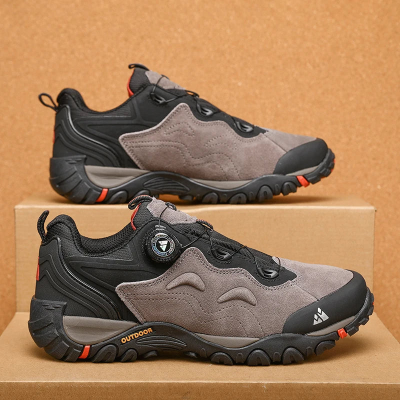 HIKEUP Leather Men's Outdoor Hiking Shoes Tourist Trekking Sneakers Mountain Climbing Trail Jogging Shoes with Turnbuckle
