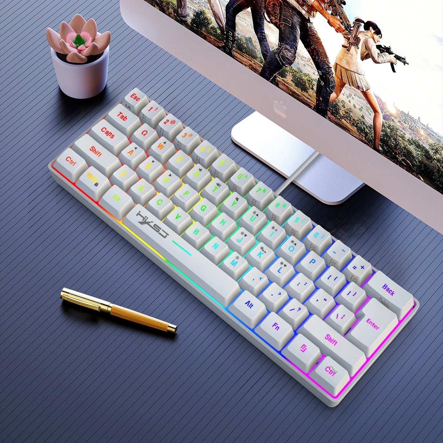 Novo mini teclado gaming com fios, teclado de membrana fino de 61 teclas, brilho RGB tátil e várias combinações de teclas rápidas, adequado para gaming e escritório