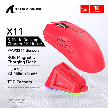 Ratón gaming ATTACK SHARK X11 y ratón inalámbrico X11 SE 22000 DPI, sensor PAW3311, BT/2.4G/con cable, ligero de 59g, 2000W clics