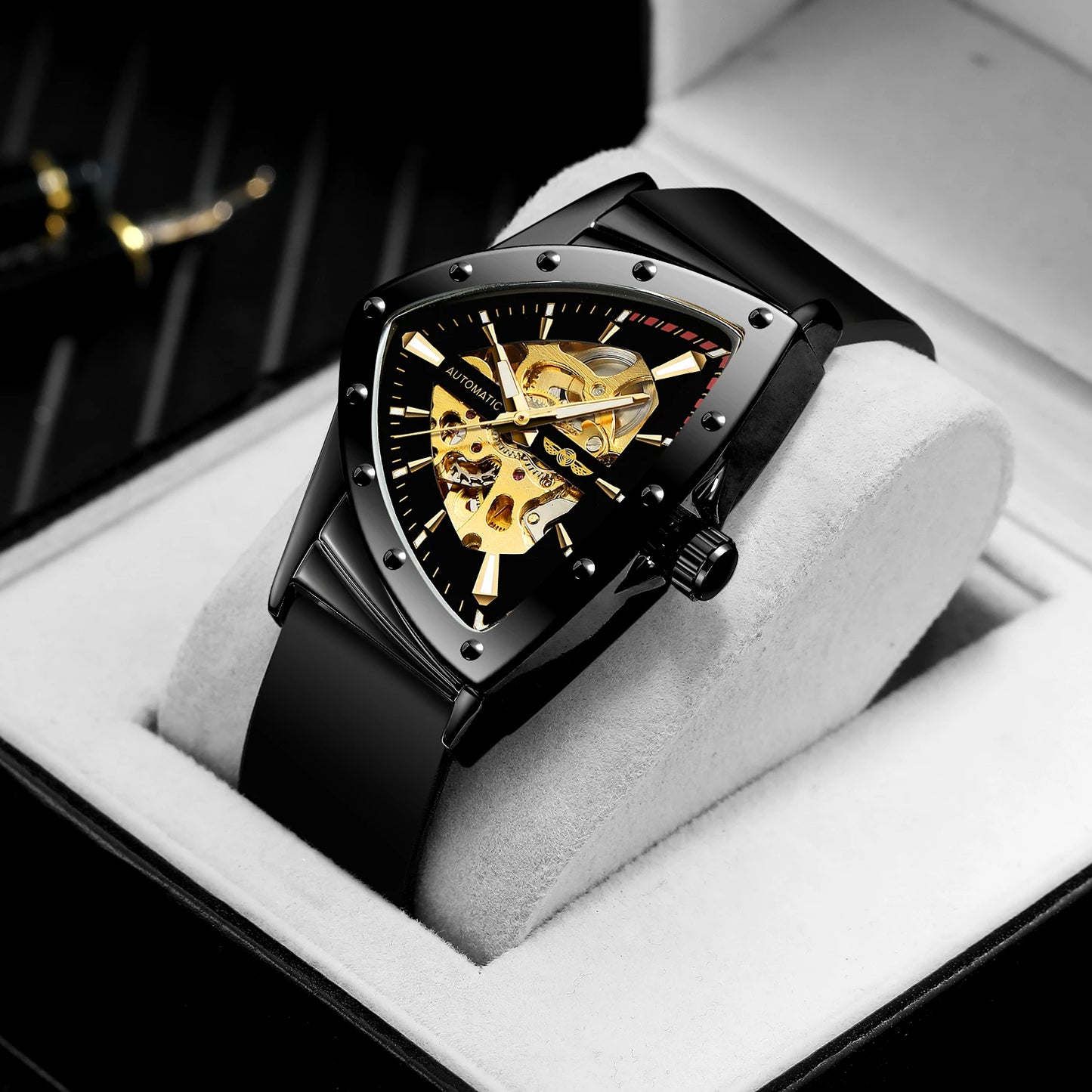 WINNER High Quality Watch for Men Triangle Steel Skeleton Mechanical Automatic Movement Clockwork Waterproof Rubber strap Wrist