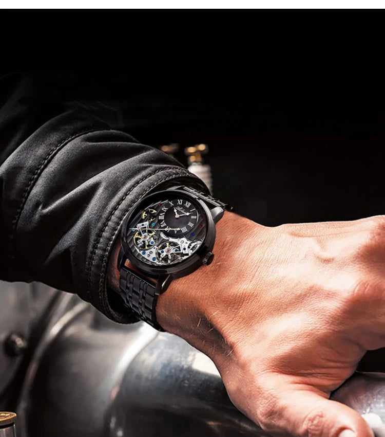 AILANG Top Brand Luxury Watch Men Automatic Luminous Black Clock Men Double Tourbillon Waterproof Mechanical Watch Relogio