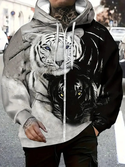 2025 Men's Long Sleeve Zip-up Tiger Graphic Hoodie Casual Outdoor Fashion Coat with Drawstring and Pockets Zip-up Hoodie for Men